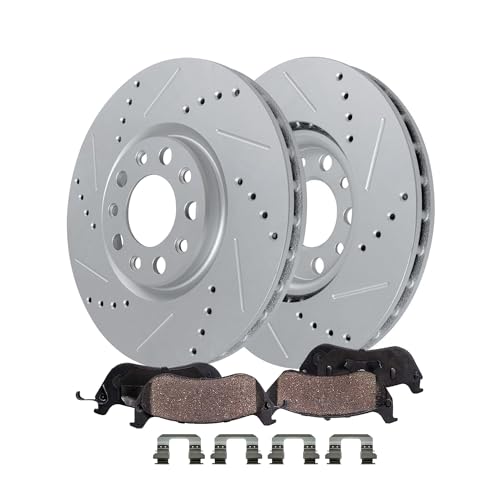 Image of Detroit Axle - Front Brake Kit for 2015-2017 Chrysler 200, 2013-2016 Dodge Dart, Drilled Slotted Disc Brake Rotors Ceramic Brakes Pads with Hardware Replacement: 12.01 inch inch Rotors