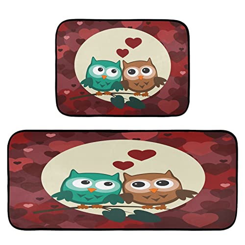 Cartoon Owls Couples Kitchen Rug Set Of 2 Spring Mother's Day Floor Runner Mat Comfort Non Skid Bath Carpet Standing Mat Washable For Living Room Laundry Hallway Office Farmhouse #TOP21