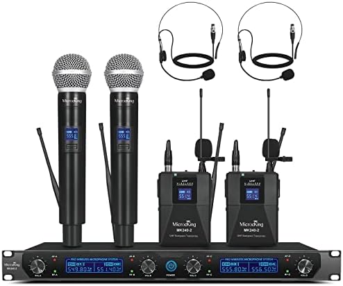 MicrocKing Wireless Microphone System, UHF 4 Channel Cordless Mic Set with Handheld Mics/Lavalier Bodypacks, Metal Build, Fixed Frequency, Long Range, Ideal for Karaoke/Party/Wedding/Concert(MK240-2)