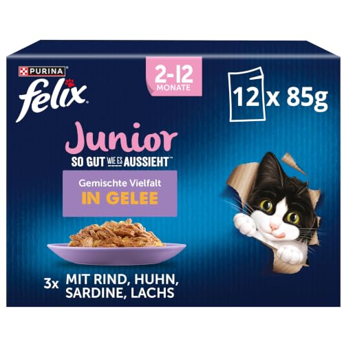 FELIX So gut wie es aussieht Junior Nassfutter für Katzen Gemischte Vielfalt, 12 praktische Portionsbeutel, zarte Stücke in Gelee, 4 leckere Sorten, 100% vollständige Ernährung