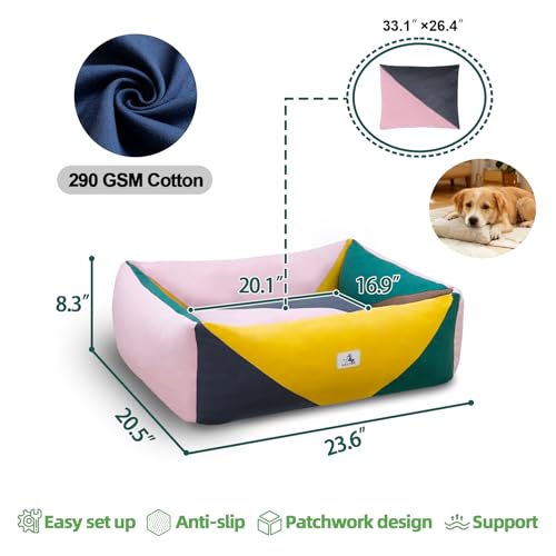 Image of Cotton Canvas Dog Bed, Pink Dog Beds for Small Dogs, Puppy Bed with Washable Removable Cover, Durable 290 GSM Cotton Anti-Chewing Pet Bed with Anti-Slip Bottom (24 inchx20 inchx8 inch, Pink&Yellow&Green)