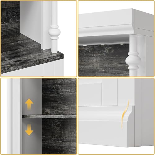 Garvee 71 Inch Tall Storage Bookshelf with 5-Tier Open Shelves, Roman Column Bookshelf with LED Lights, Display Cabinet for Home Office Living Room, White & Grey Grain, with 2 Doors