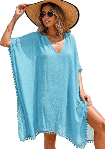 Swimsuit Beach Cover Up Women Crochet Knit Kimono Long Sleeve Kaftan Dress Sheer Bikini Cover Ups for Women Linen Cotton Loose Fit Plus Size Summer Swimwear Cover up Tunic Vacation Denim Blue Color
