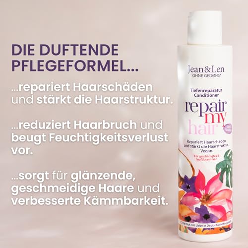 5. Bild von Jean & Len Conditioner Repair Kokos & Macadamia, für geschädigtes und kraftloses Haar, repariert Haarschäden, verleiht Geschmeidigkeit, Kokos-Duft, ohne Parabene & Silikone, vegan 300 ml 300 ml (1er Pack)