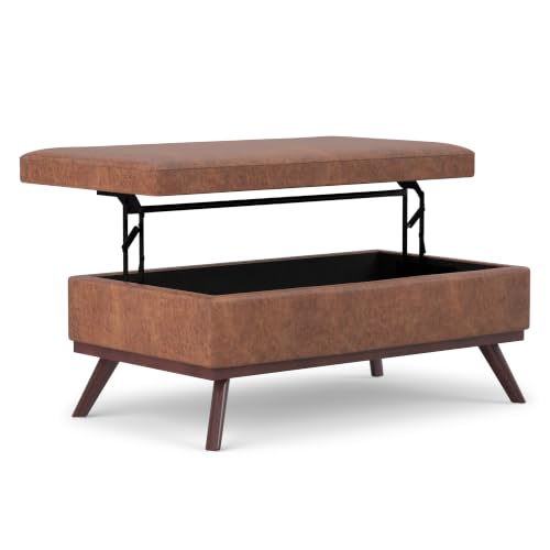 SIMPLIHOME Owen 42" Wide Vegan Leather Lift Top Ottoman in Saddle Brown