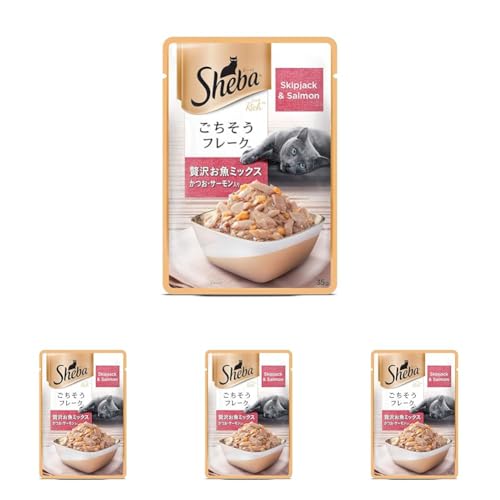 Image of Sheba Premium Wet Cat Food for Adult, Fish Mix (Skipjack & Salmon), 35g Pouch (Pack of 4)
