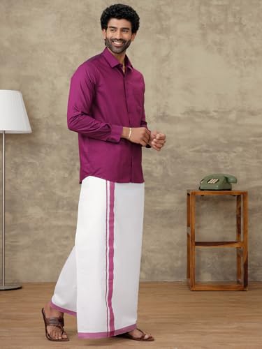 Image of RAMRAJ COTTON Men Full Sleeve Solid Shirt With Matching Border Dhoti|Ideal For Weddings And Occasion