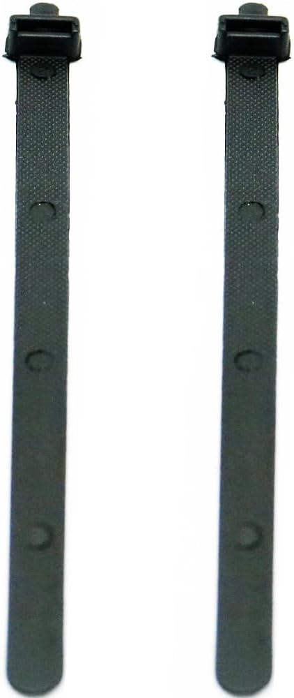 Two black plastic fastening straps with textured surfaces.