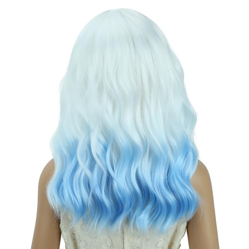 Image of PATTNIUM Girls White Ombre Blue Short Curly Wavy Wigs Side Part Shoulder Length Heat Resistant Synthetic Wig Halloween Cosplay Costume Party Wigs