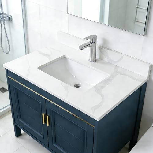 Montary 31-inch Quartz Bathroom Vanity Top with Undermounted Ceramic Sink & 4 Inch High Backsplash, 3/4' Thick Quartz Stone Vanity Sink Tops with 1 Pre-Drilled Hole, Calacatta White