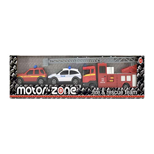 MOTOR ZONE from Peterkin | Fire & Rescue Team Toy Vehicles | 33cm diecast metal and plastic set including Fire Engine, Police Car and Fire & Rescue Car | 1:48 Scale | Diecast Vehicles | Ages 3+