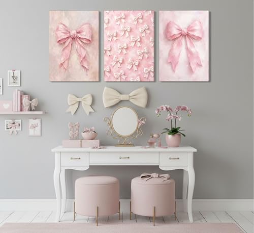 Image of 3Pcs Pink Bow Canvas Wall Art Vintage Trendy Cute Preppy Watercolor Bow Painting Pictures Wall Decor Posters Prints Girly Aesthetic for College Apartment Bedroom Decoration