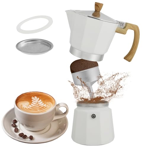 GUIJZSLTRG Cafetera Moka, cafetera de aluminio para estufa, 6 tazas de 300 ml, cafetera italiana desmontable, olla de espresso portátil para camping, caravana, amantes del café, color blanco