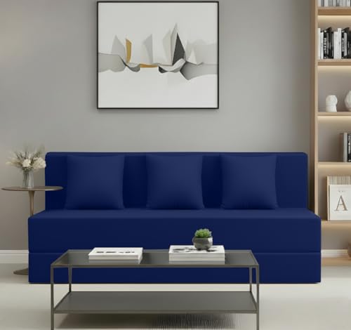 Image of AMATA Instant 3 Seater Foldable Sofa Cum Bed Royal Blue Suede Velvet Fabric with 2 Pillow Perfect for Home Living Office Room and Guests (3 Year Warranty) (Royal Blue, Instant 3 Seater Sofa Cum Bed)