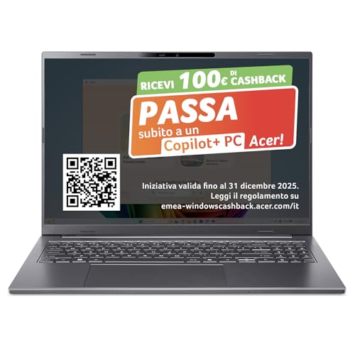acer Aspire 16 AI Laptop | Display 16” WUXGA+ OLED | Intel Core Ultra 5-226V | 16 GB RAM | 512 GB SSD | Copilot+ PC | Windows 11 | QWERTY | PC Portatile IA