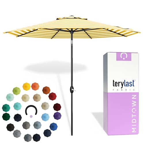 Image of Midtown Umbrellas Lean - 8 Ft Patio Umbrella, White /Yellow Stripes Canopy