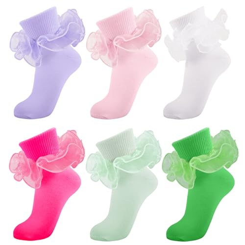Image of Women Big Ruffle Ankle Socks Adult Double Lace Frilly Turn Cuff Dress Socks Cotton Cute Fancy Bobby Crew Socks