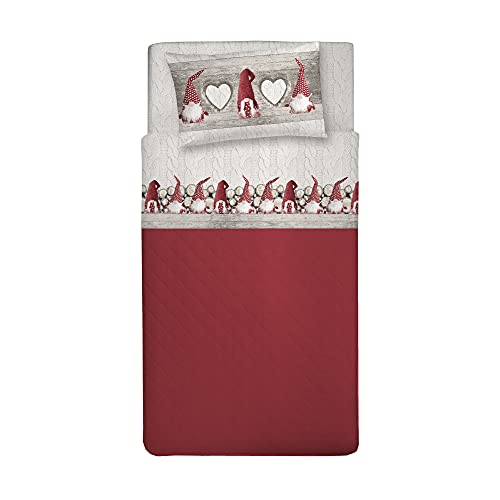 PENSIERI DELICATI Completo Letto Singolo, Flanella 100% Cotone Caldo e Morbido, Completo Lenzuola 1 Piazza 90 x 200 cm, Include Lenzuolo Sotto, Sopra e 1 Federa, Made in Italy, Fantasia Gnomi Rosso