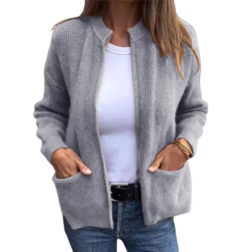 Women's Round Neck Zipper Knitted Jacket Zip Up Sweaters Long Sleeve Casual Loose Outwear with Pockets