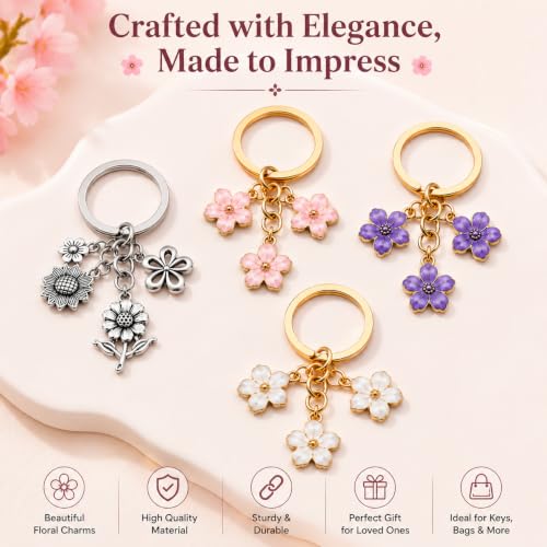 Image of JB'S LAND Floral Charm Keychain Vintage Flower Metal Key Ring for Women | Bag Charm Pendant, Backpack & Car Key Holder, Aesthetic Design, Friendship Gift, For Women & Girls
