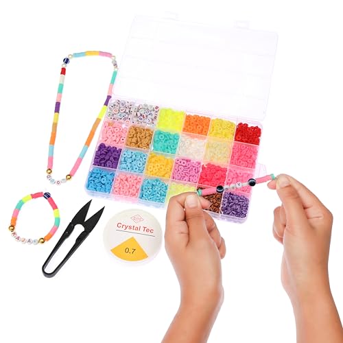 Image of ambitieux Diy Bracelet Making Kit - 6000+ Pcs 24 Colorful Clay Beads, 10M Elastic Thread, Jute Bag, And Cutter - Gift For Girls Birthdays (Clay Beads 1),Multicolor