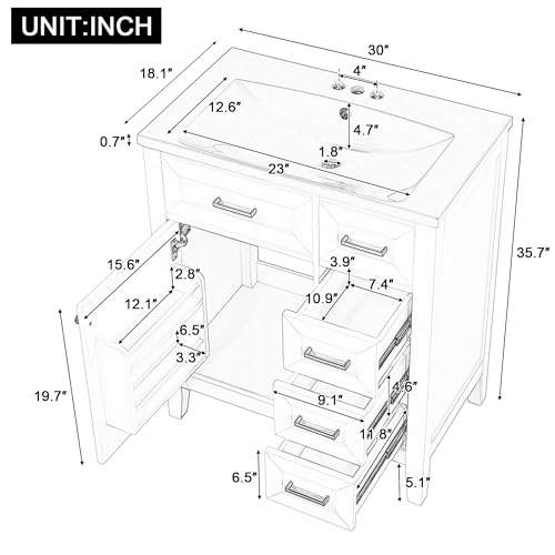 Image of Favfurish 30 inch Bathroom Vanity with Ceramic Sink,Undermount Single Basin Bath Vanity Set w /Soft-Close Door and 3 Drawers,Modern Freestanding Storage Cabinet,Solid Wood Frame,Green