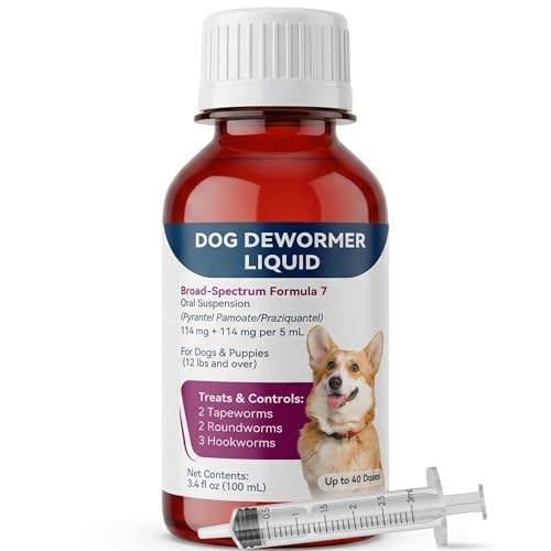 Liquid Dog Dewormer for Dogs & Puppies Formula 7 Pyrantel Pamoate and Praziquantel Removes Tapeworm Roundworm & Hookworm Broad Spectrum with 3ml Dosing Syringe (100ml)