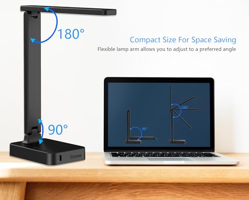 Drevet LED Desk Lamp with USB Charge, AC Outlets, 3 Modes, Adjustable Brightness, Timer, Touch Control - Foldable & Eye-Caring (Black)
