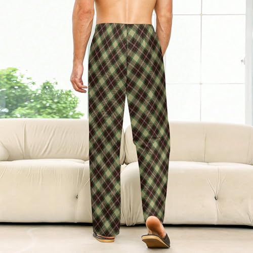 Yellow-Green Scottish Plaid Womens Mens Pajama Pants Lounge Sleep PJ Bottoms with Pockets2