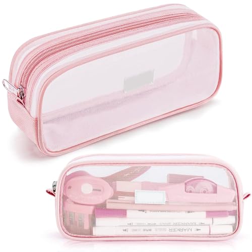 Image of FunBlast Pen Pencil Case, Transparent Pencil Pouch with Zipper Closure Portable Clear Makeup Pouch, Large Capacity Pencil Bag, Stationery Bag for Students Girls Adults Office (Pink)