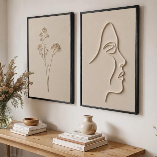 Image of NoWorries Minimal Line Art Wall Painting Set of 2 with Frame | Abstract Woman Face & Botanical Flower Beige Artwork, Modern Neutral Wall Decor for Living Room, Bedroom, Office and Home Decoration (Art-18, 17x25inch)