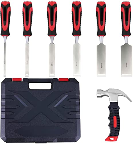 Michark Wood Chisel Set, 8 PCS Premium Woodworking Tools, 6PCS 55# Carbon Steel Wood Chisel with 1 Claw Hammer, Threaded Non-Slip Handle, Bevel Blades with Steel Strike Cap for Woodworking Carving