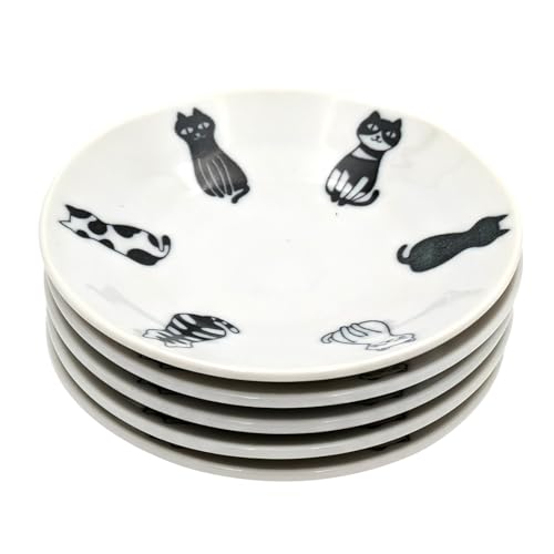 ??(Ichikyu) Mino Ware 507-12 Plate, Small Plate, Soy Sauce Plate, Set of 5, Diameter Approx. 4.7 inches (12 cm), Microwave & Dishwasher Safe, Dishware, Lightweight, Sitting Cat, Made in Japan