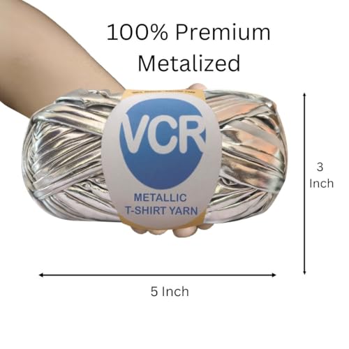 Image of VCR Shine Silver Metallic T-Shirt Yarn, 100 Grams, 100% Metallized Craft Yarn, Pack of 1 Yarn, Suitable for Handbags, Tote Bags and Sling Bags