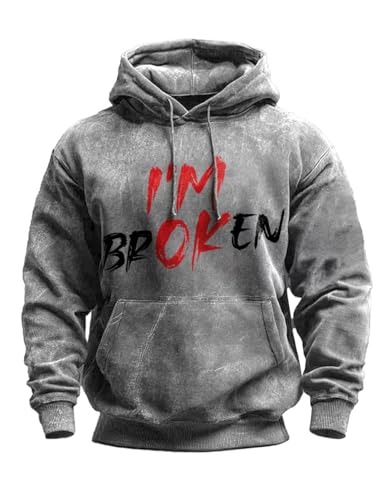CIVIZILUX Im Ok Broken Hoodie Im Ok Im Broken Printed Mens T-Shirt Long Sleeve Mental Health Matters Hoodie Mental Health Awareness Hoodies Top For Men Vintage Tops Suicide Awareness Grey
