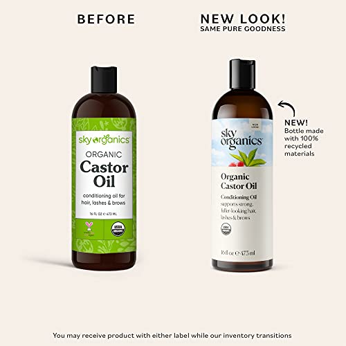 Sky Organics Organic Castor Oil For Hair, Lashes & Brows 100% Pure & Cold-Pressed Usda Certified Organic To Strengthen, Moisturize & Condition, 16 Fl. Oz #TOP1