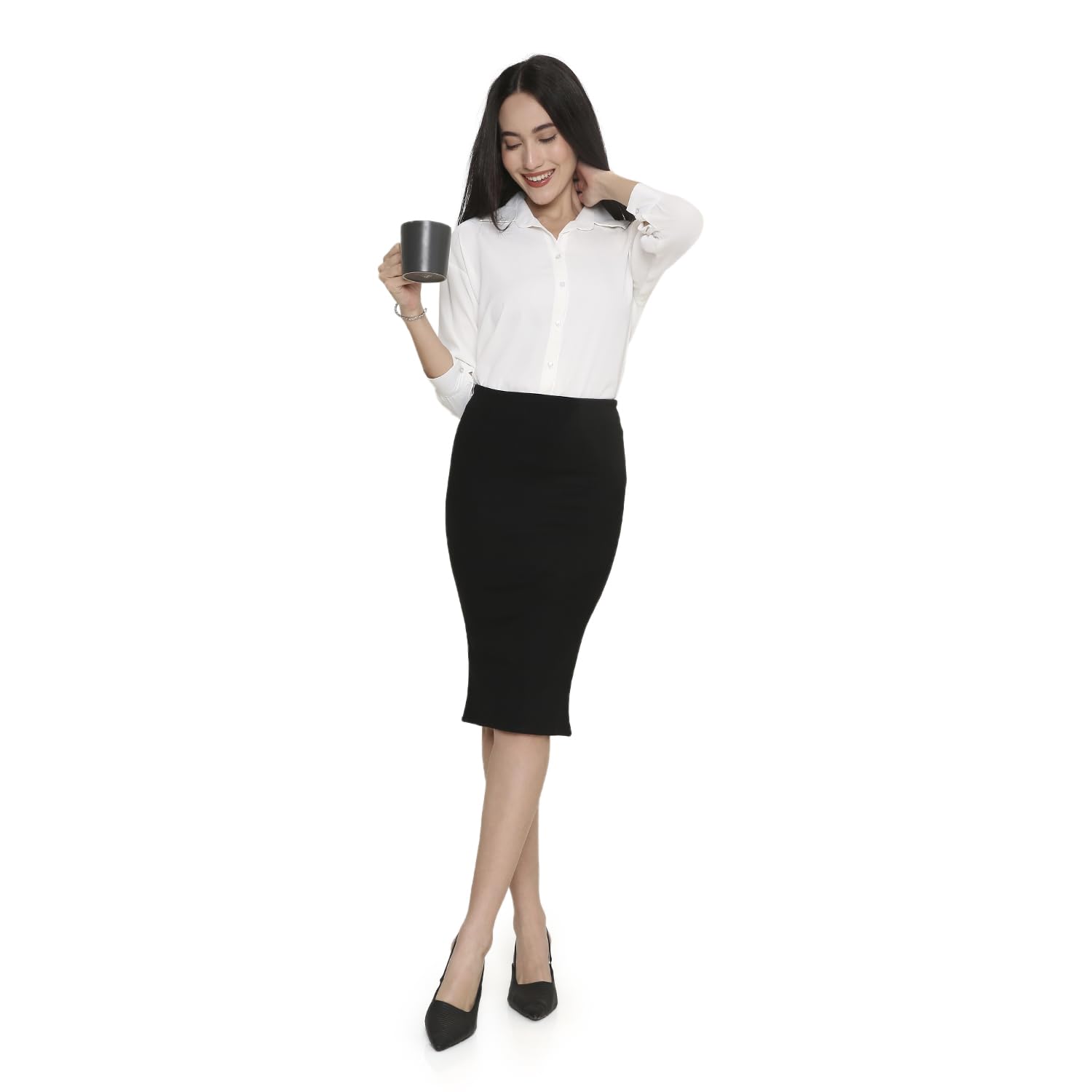 Women's High Rise Stretchable Knee Length Formal Pencil Skirt with Back Split, Zip Lock for Office wear-image-45