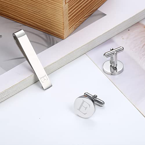 Image of LOYALLOOK Initial Cufflinks and Tie Clip Set for Men Silver Personalized Cuff links and Tie Bar Letter Alphabet A-Z Gift for Father Husband Valentine Gifts for Men