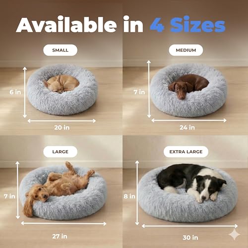 Image of Best Pet Supplies Round Calming Dog Bed for Small, Medium & Large Dogs, Plush Donut Cuddler Pet Bed w /Raised Rim for Head, Neck Support, Anti-Slip Bottom Washable Bed - Light Warm Gray, 20 x 20 x 6