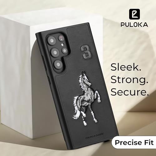 Image of PULOKA - Mobile Cover Compatible for Samsung S25 Ultra - Horse Embroidery - Sleek & Stylish - Protective & Anti Scratch Phone Cover Vegan Leather Back Case - Men & Women - Santa Barbara Polo (Black)