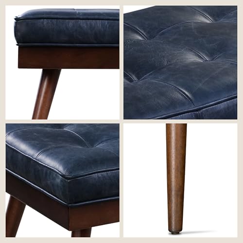 Image of POLY & BARK 55 inch Tufted Leather Bed Bench for Bedroom End of Bed - Living Room Entry Way Bench - Pure Italian Leather Upholstery with a Solid Wood Frame - Ottoman Bench with Wooden Legs - Midnight Blue