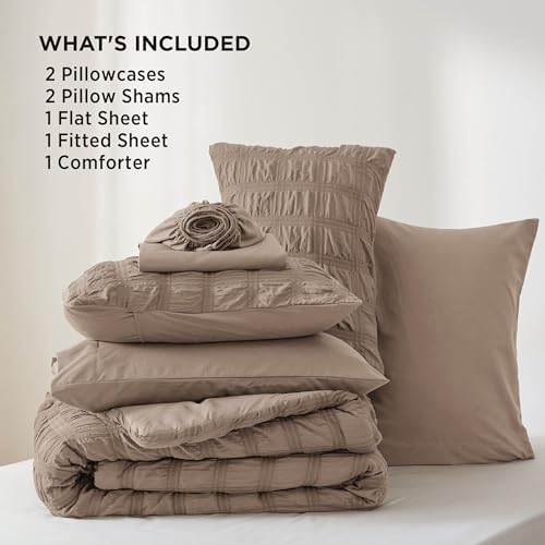 Bedsure Bed in a Bag Queen - 7 Pieces Plaid Seersucker Bedding Comforter Sets, Soft Lightweight Affogat Boho Bed Set with Comforters Queen Size, Sheets, Pillowcases & Shams