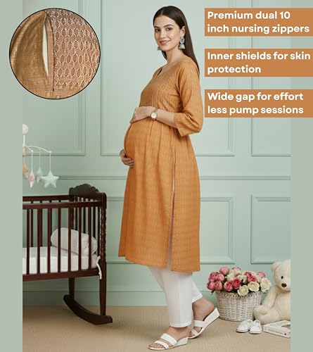 Image of DUMMY SHAPE Feeding Dresses for Women Full Set | Cotton Blend Floral Embroidered Kurta Pant Dupatta Suit with Nursing Zippers to Pre & Post Pregnancy | Gift for Pregnant Woman