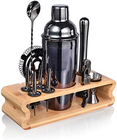 Esmula 12 Piece Bartender Kit with Bamboo Stand, 25oz Cocktail Shaker Set for Mixed Drink, Professional Bar Tool Set with Cocktail Recipes Booklet, Gift for Man Dad Friend (Black)
