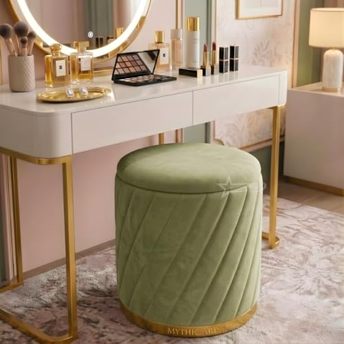 Image of Mythic ArtsRound Upholstered Sitting Stool & Footrest Velvet Storage Ottoman Pouffe16 X 16X 19 inch | Versatile Puffy for Living Room, Bedroom, and Office ? Chic Home Furnishings & Dcor Pista Green