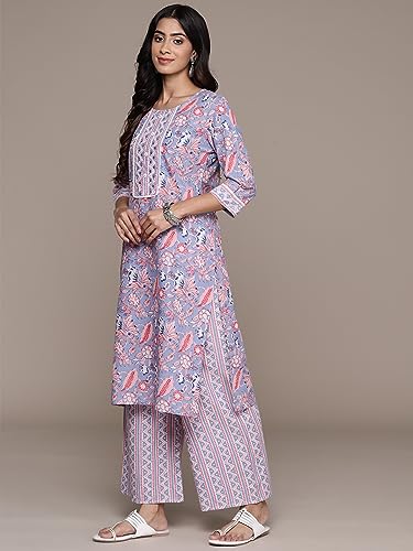 Image of anubhutee Women's Cotton Blend Floral Printed Off White Straight Kurta Suit Set with Trousers