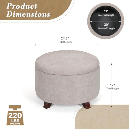 Athena Collection 24.5 Inch Small Ottoman with Storage, Round Linen Fabric Storage Ottoman Foot Rest with Removable Lid, Multipurpose Footstool Footrest for Livingroom, Bedroom, Dorm, Beige - Thumbnail 3