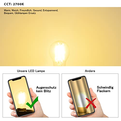 LVWIT LED Lampe E27, 470 lm, warmweiß 2700K, ersetzt 40 Watt, Classic Kolbenform Filament, klar (6er Pack) – Ansicht 4