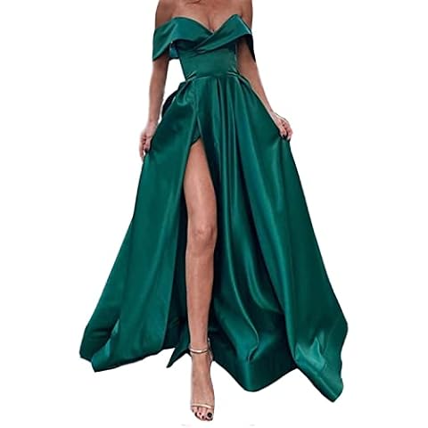 yhfshop Women's Plus Size Bridesmaid Dresses,Satin Prom Dresses With Leg Slit V Neck Floor Length,Jade green,US14,Women Ball Gown Cover