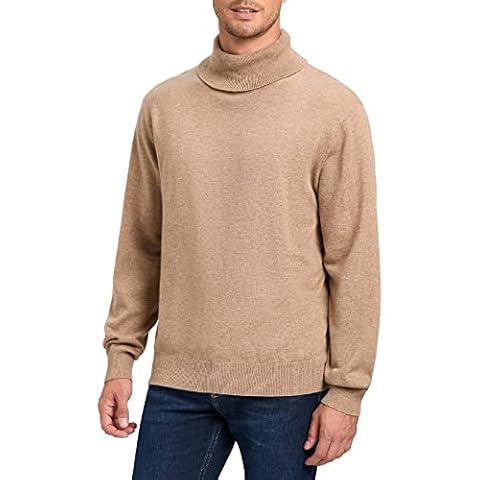 Kallspin Men's Cashmere Wool Blend Knitted Sweater Jumper Turtle Neck Long Sleeve Relaxed Fit (Khaki, XL) Cover